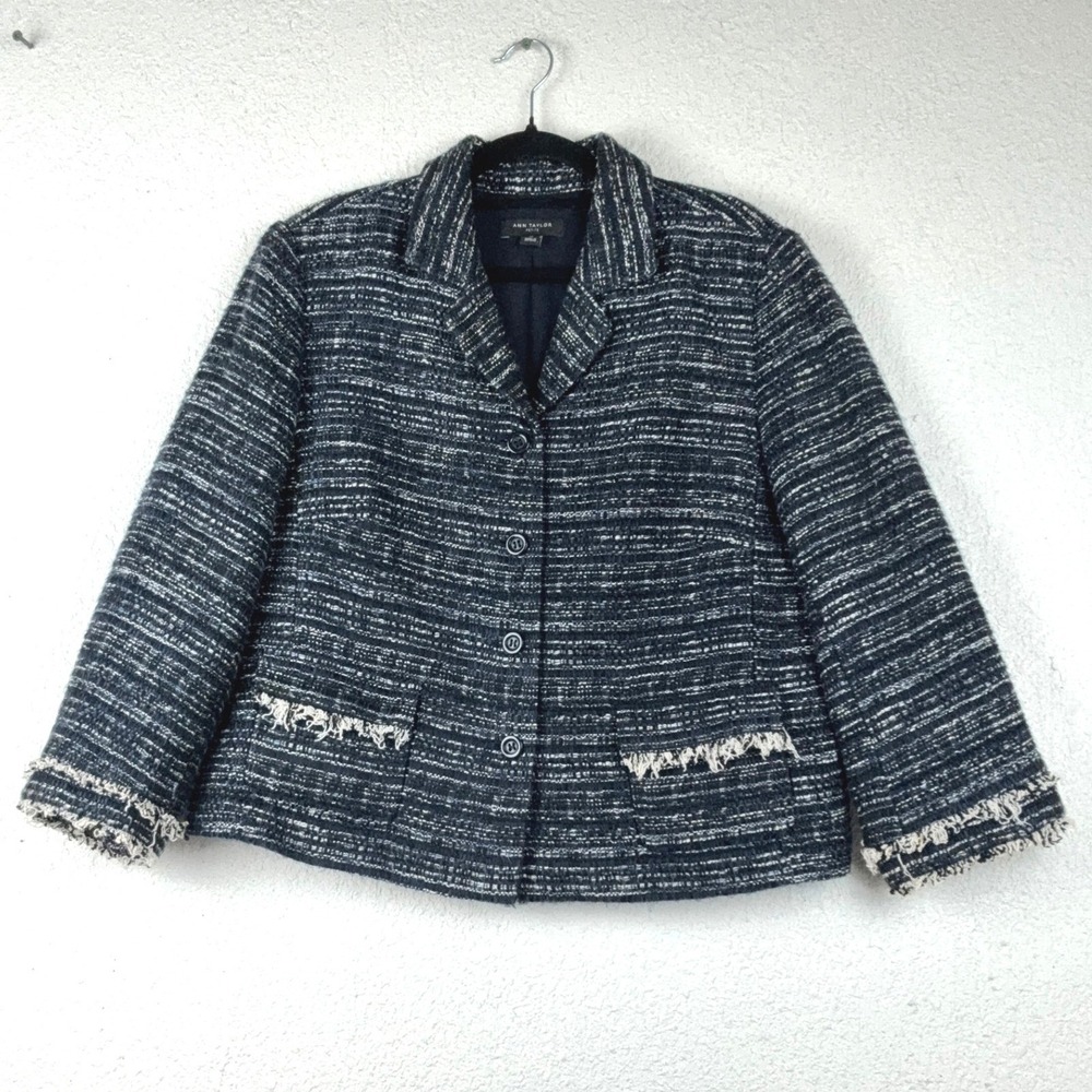Ann Taylor Navy Tweed Blazer - 16P - Fringe Trim Preppy Business Casual Classic